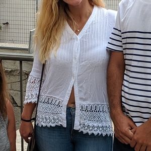 White button down top with lace sleeves